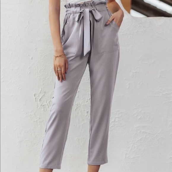 🆕High waisted ruffle gray tie belt waist pants - Picture 4 of 5